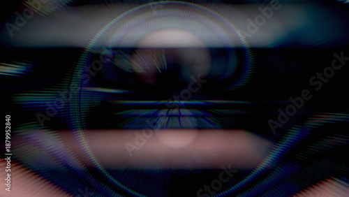 Digital glitch eye abstraction with circular lens distortion and chromatic aberration, ideal for sci-fi backgrounds, futuristic posters and tech visual effects