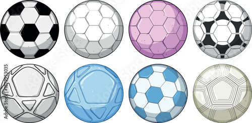 Assorted soccer balls with different patterns and colors
