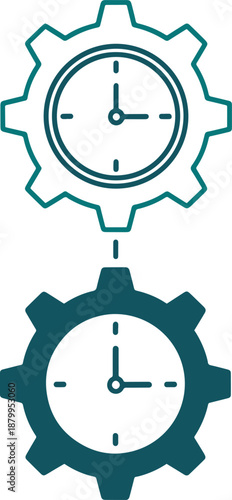 Gear cogwheel clock symbol outline and solid icon for time management process