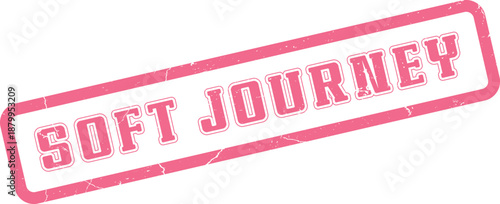 A charming pink distressed stamp design features the uplifting phrase Soft Journey in a rectangular frame