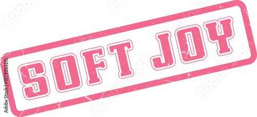 A charming pink distressed stamp design features the uplifting phrase Soft Joy in a rectangular frame