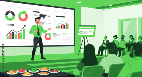 Businessman presenting data on large screen.