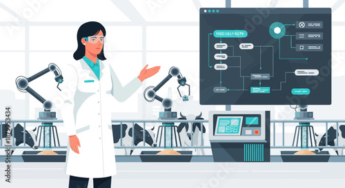 Female Engineer Operating Industrial Robots in Lab.