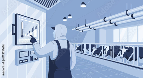 Man in Overalls Operating Control Panel.