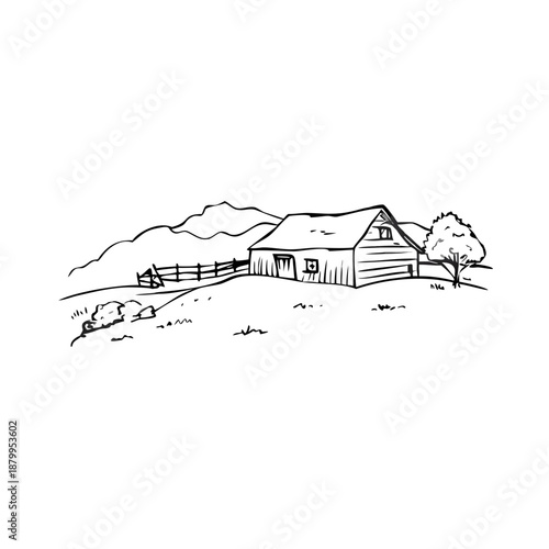 Quiet farm sketch showing rustic barn, wooden fence, distant mountains. Peaceful rural landscape completes quiet farm sketch scene with single tree.