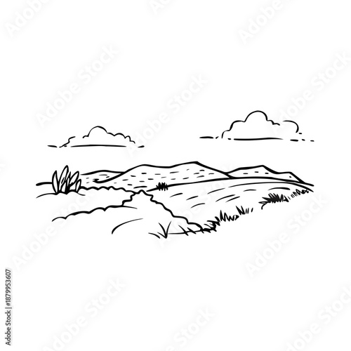 Rural field sketch showcasing open countryside, rolling hills. Rural field sketch depicts distant mountains, sparse vegetation, clouds, highly detailed engraving drawing.