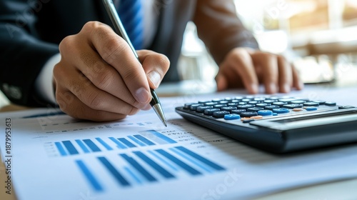 Close up of a focused businessman wearing a suit meticulously reviewing financial reports and analyzing blue bar charts with a professional pen next to a modern calculator on a clean desk surface.