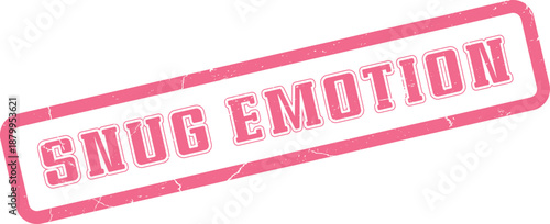 A delightful pink distressed rubber stamp states Snug Emotion with textured lettering