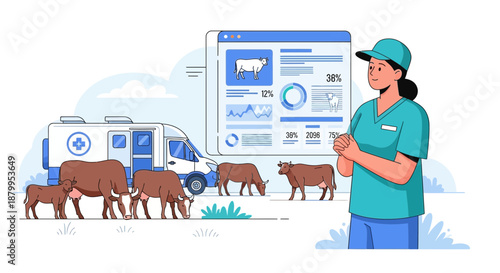 Veterinarian Monitoring Cattle Health on Tablet.