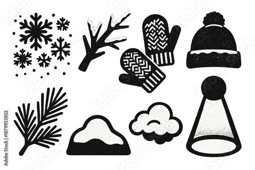 Brutalist Winter Icons. Winter Wonder Scene silhouette set: drifting snowflakes, frosted branch, warm hat, wool mittens, pine sprig, snow mound, cloud puff, gentle spotlight