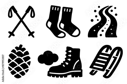 Snowy Adventure Icons. Snowy Break Adventures silhouette set: ski poles, wool socks, thermos cup, snowy trail, pinecone, cloud puff, sturdy boots, sled tracks