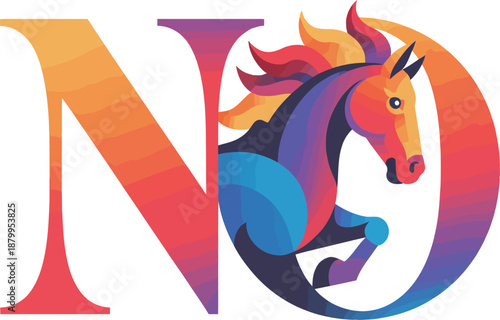 Colorful Geometric Horse Leaping Through Letter O, Vector Illustration