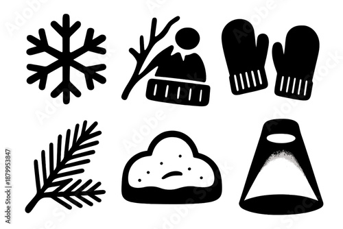 Brutalist Winter Icons. First Snow Magic silhouette set: snowflake, frosted branch, warm hat, wool mittens, pine sprig, snow mound, cloud puff, gentle spotlight