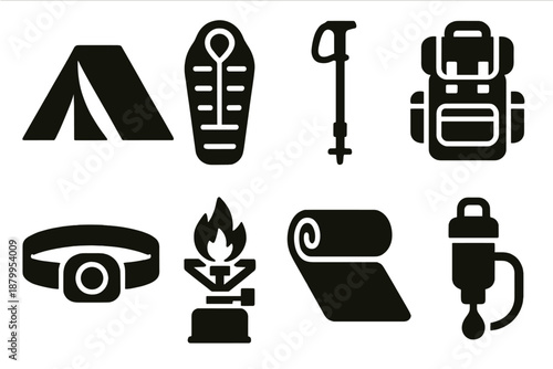 Bold Outdoor Icon Set. Lightweight outdoor equipment silhouette set: tent, sleeping bag, hiking pole, backpack, headlamp, camp stove, mat, water filter.