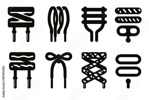 Brutalist Shoelace Icons. Shoe laces collection silhouette set: flat laces, round laces, elastic laces, reflective laces, waxed laces, rope laces, patterned laces, no-tie laces.