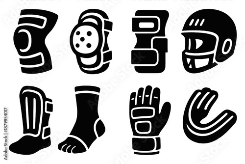 Brutalist Sports Gear Icons. Shock absorb sports gear silhouette set: knee brace, elbow pad, wrist guard, helmet, shin guard, ankle sleeve, gloves, mouthguard.