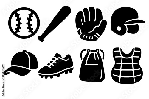 Bold Baseball Icons. Baseball equipment set silhouette set: baseball, bat, glove, helmet, cap, cleats, ball bag, chest protector.