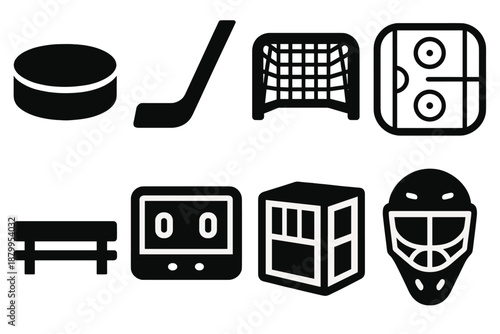 Brutalist Hockey Icons. Ice hockey rink elements silhouette set: puck, stick, goal net, rink lines, bench, scoreboard, penalty box, mask.