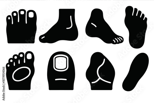 Foot Protection Icons. Foot anatomy and protection silhouette set: toes, arch, heel, sole, metatarsal pad, nail guard, bunion shield, insole.