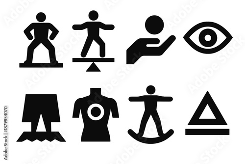 Brutalist Stability Icons. Stability performance icons silhouette set: steady stance, balance, control, focus, alignment, grounded base, core strength, equilibrium.