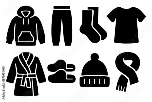 Comfort Clothes Icons. Comfort clothing items silhouette set: hoodie, sweatpants, socks, t-shirt, robe, slippers, beanie, scarf.