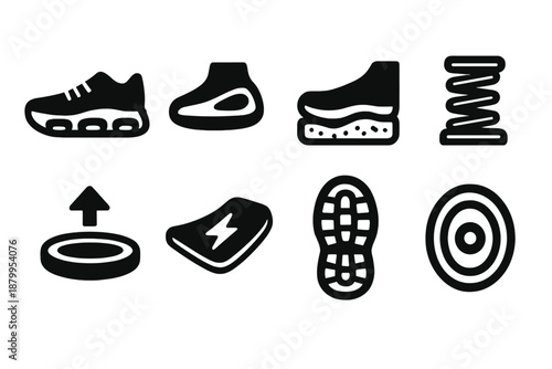 Shock Absorb Icons. Shock absorb technology set silhouette set: air bubble sole, gel insert, foam cushioning, suspension spring, energy return pad, shock plate, rubber outsole,