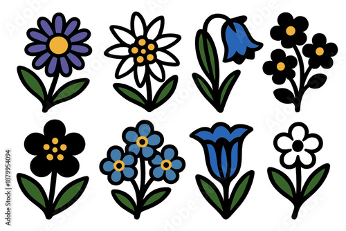 Wildflower Icon Set. Mountain wildflowers set silhouette set: alpine aster, edelweiss, mountain bellflower, rock jasmine, saxifrage, alpine forget-me-not, gentian, tiny white