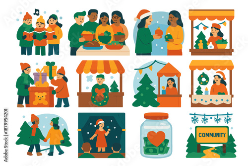 Community Holiday Icons. Holiday Community Traditions Cozy Flat Vector flat icons: caroling group, potluck dinner, ornament exchange, toy drive, festival booth, craft fair, winter