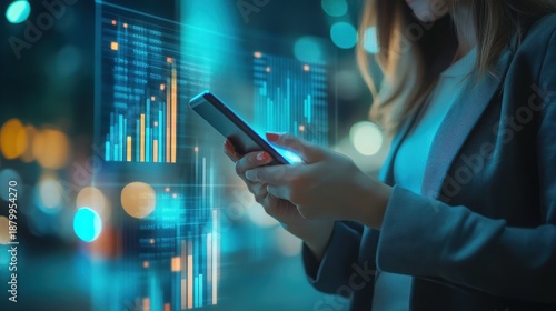 Businesswoman interacting with holographic financial data projections and glowing charts displayed over a smartphone screen in a modern urban environment at night suggesting mobile technology integrat