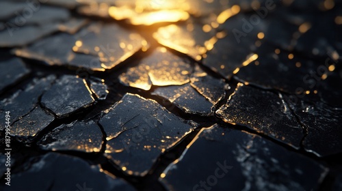 Abstract close up of dark shattered slate tiles illuminated by dramatic golden backlighting creating bright sparkling highlights across the rough textured surface below.
