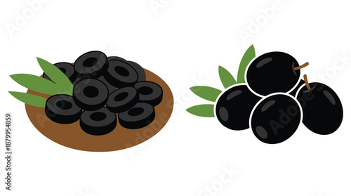 Black olives set with sliced rings on plate and whole fruit with green leaves on background