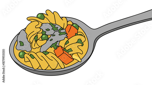Spoon with pasta and vegetables vector illustration, delicious Italian food dish