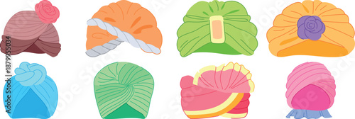 Assortment of eight colorful and patterned turbans