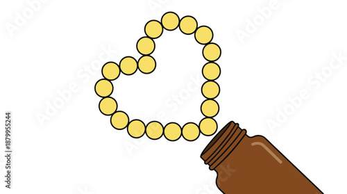 Heart shape made from yellow pills spilling out of bottle medicine health concept