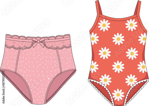 Cute girls underwear and one piece swimsuit illustration set with daisy floral and polka dot patterns