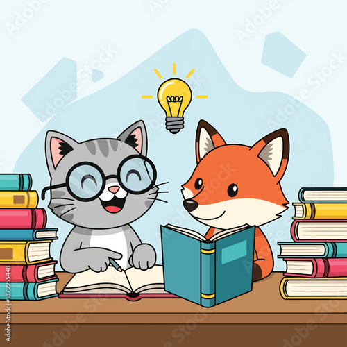Cat and Fox Studying Together