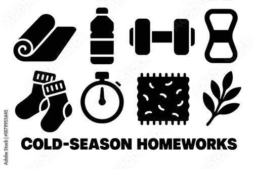 Brutalist Home Workout Icons. Cold-Season Home Workouts silhouette set: yoga mat, water bottle, dumbbells, resistance band, cozy socks, timer, soft rug, leafy sprig