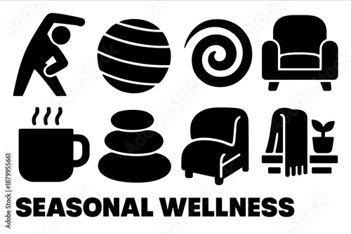 Wellness Icon Set. Seasonal Wellness Movement silhouette set: stretching figure, balance ball, breathing swirl, comfy chair, tea mug, pebble stack, soft blanket, tidy shelf