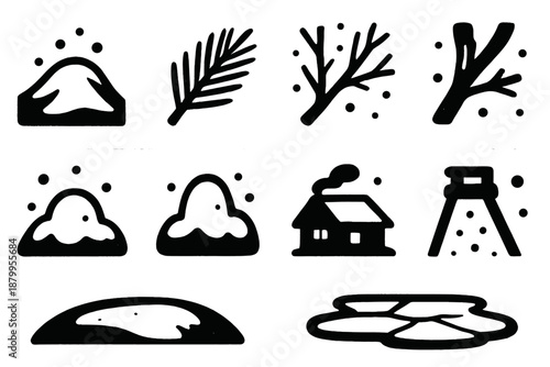 Brutalist Winter Icons. Snowy Scene Essence silhouette set: snowy hill, pine sprig, frosted branch, snow mound, cloud puff, distant cabin, gentle spotlight, icy ground