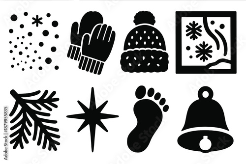 Winter Icon Set. Early Winter Flurries silhouette set: snow dust, knitted gloves, fluffy hat, frosted window, pine branch, gentle beam, snowy footprint, tiny bell