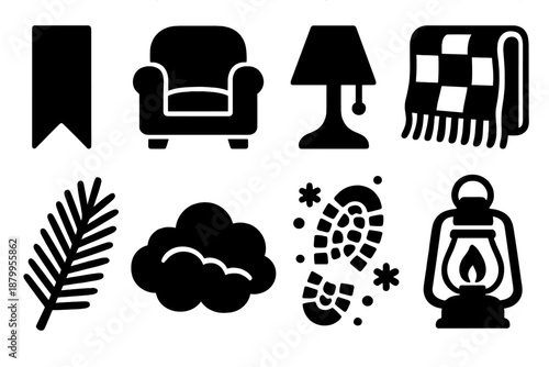 Brutalist Winter Icons. Winter Reading Moments silhouette set: bookmark, cushioned seat, dim lamp, wool blanket, pine branch, cloud haze, snowy footprint, small lantern