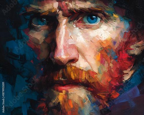 Colorful Abstract Portrait of a Man with Blue Eyes and Red Hair in Artistic Style