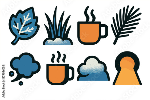 Frosty Morning Icons. Frosty Morning Glow silhouette set: frosted leaf, icy grass, warm drink mug, pine sprig, breath cloud, snow mound, gentle spotlight, cloud puff