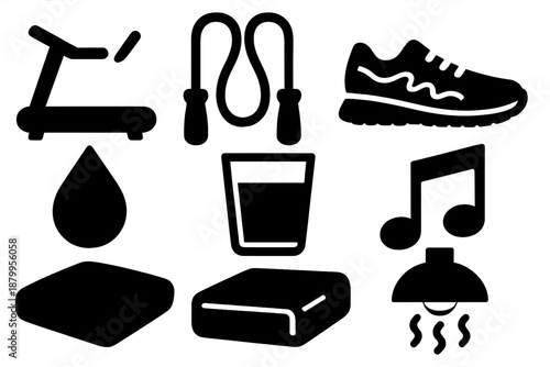 Brutalist Cardio Icons. Winter Indoor Cardio silhouette set: treadmill silhouette, jump rope, sweat droplet, athletic shoe, music note, water glass, floor cushion, warm lamp