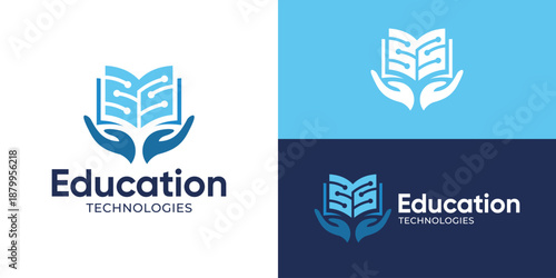 Creative simple education technologies logo template. Book and hand with circuit symbol logo design vector illustration.