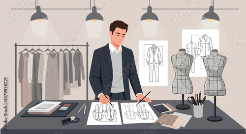 Fashion Designer At Work Studio.