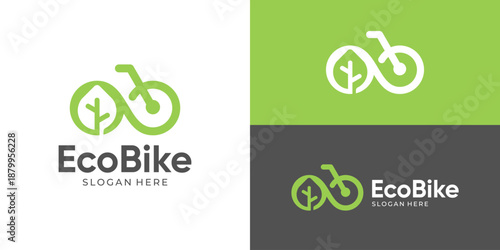 Creative simple eco bike logo template. Bicycle with plant leaf logo design vector illustration.