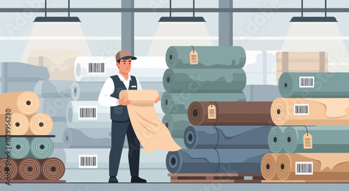 Man holding a rolled up carpet.