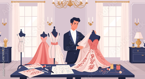 Fashion Designer Working on Gown.