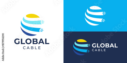 Creative simple global cable logo template. Globe with optic cable logo design vector illustration.